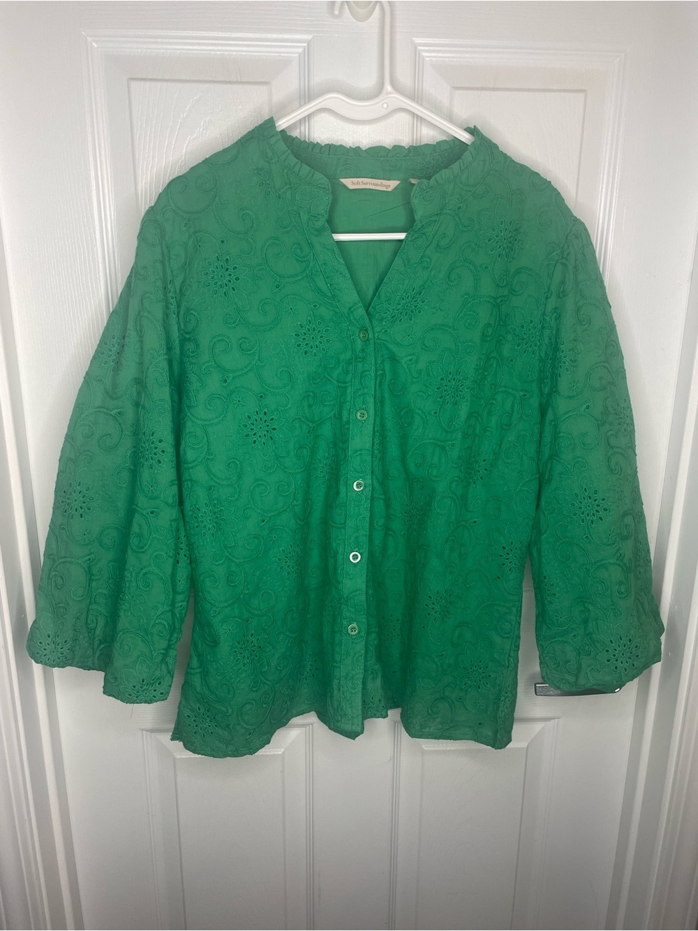 Soft Surroundings Blooming Meadows Eyelet Blouse in Jade Green XL